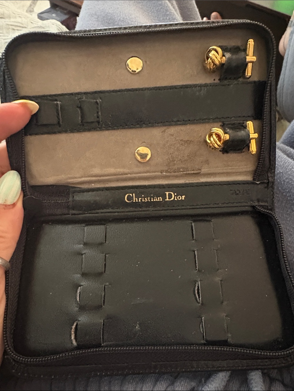 Dior Gold Knot T-Bar Cufflinks with Black Leather Accents
